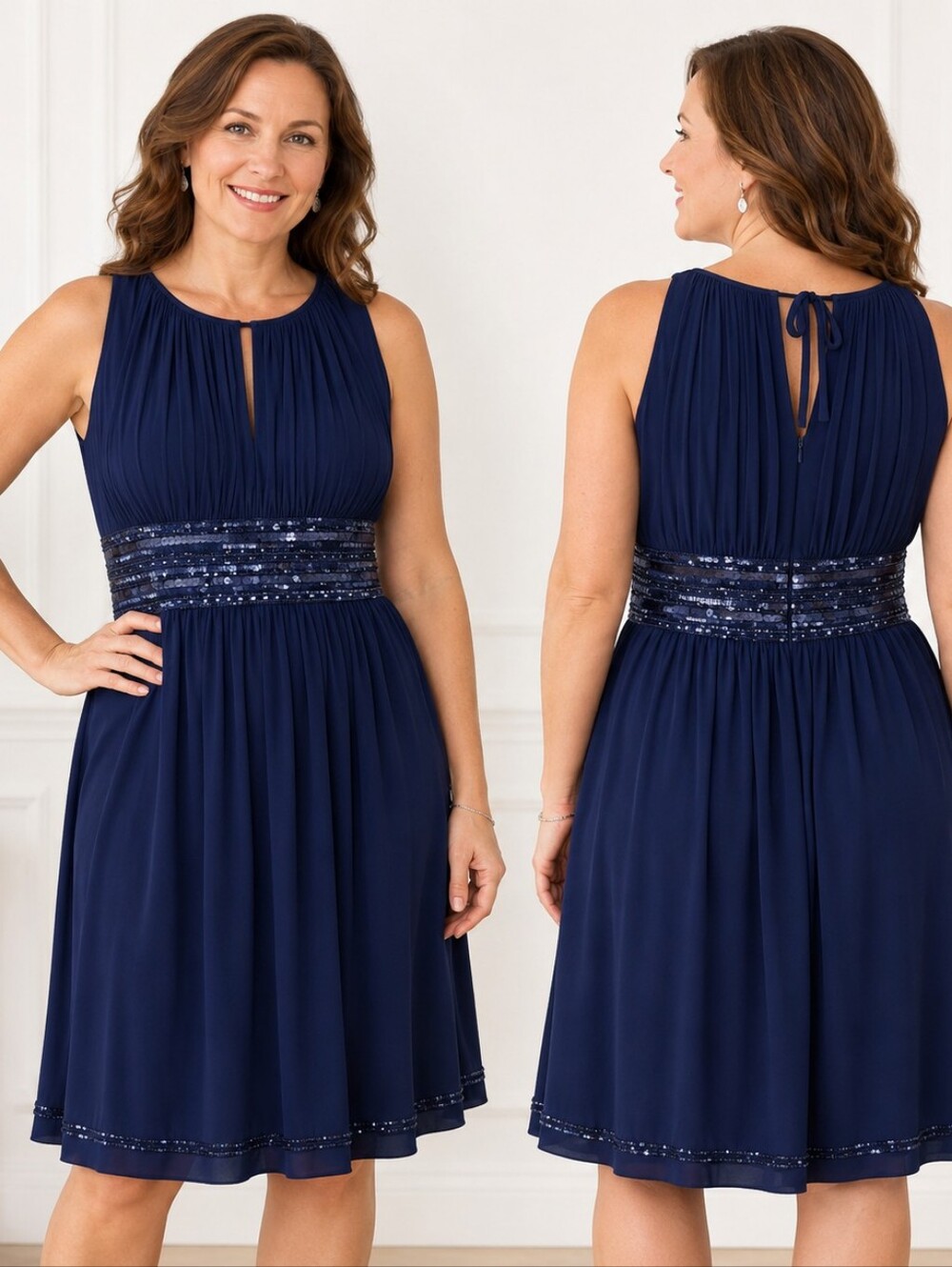 JS Boutique Navy Blue Sequin Beaded Sleeveless Dress Size 12 Cocktail Glam • Con
